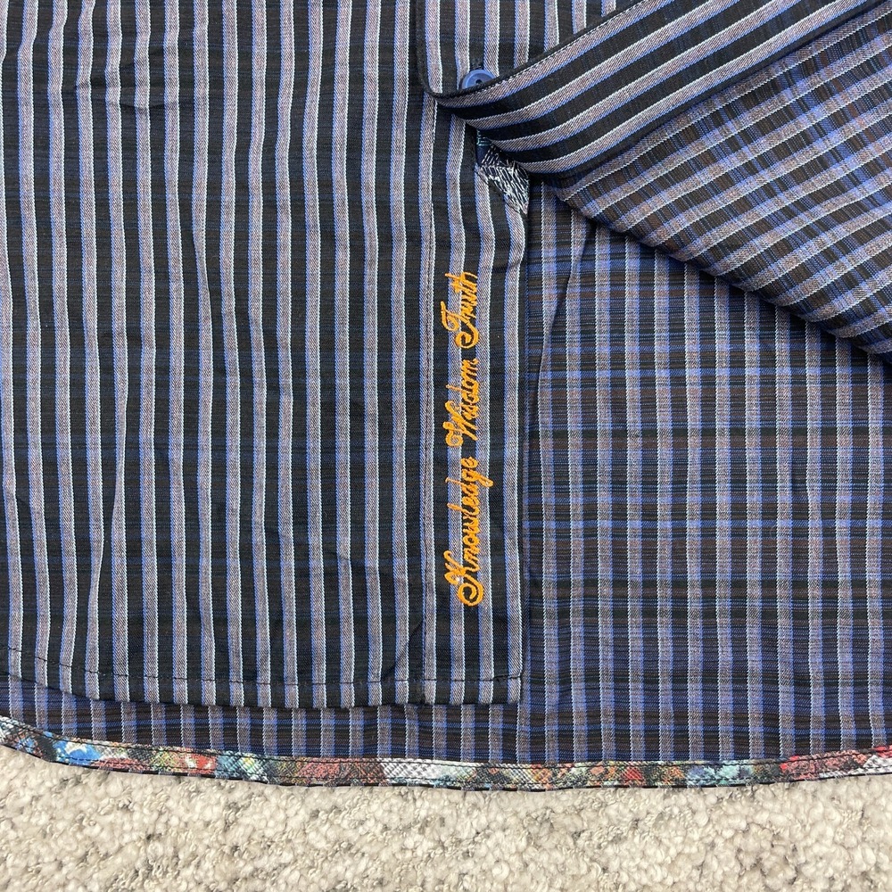 Robert Graham Shirt Men Large Flip Cuff Classic Fit Striped Geometric Black Blue - Picture 6 of 12